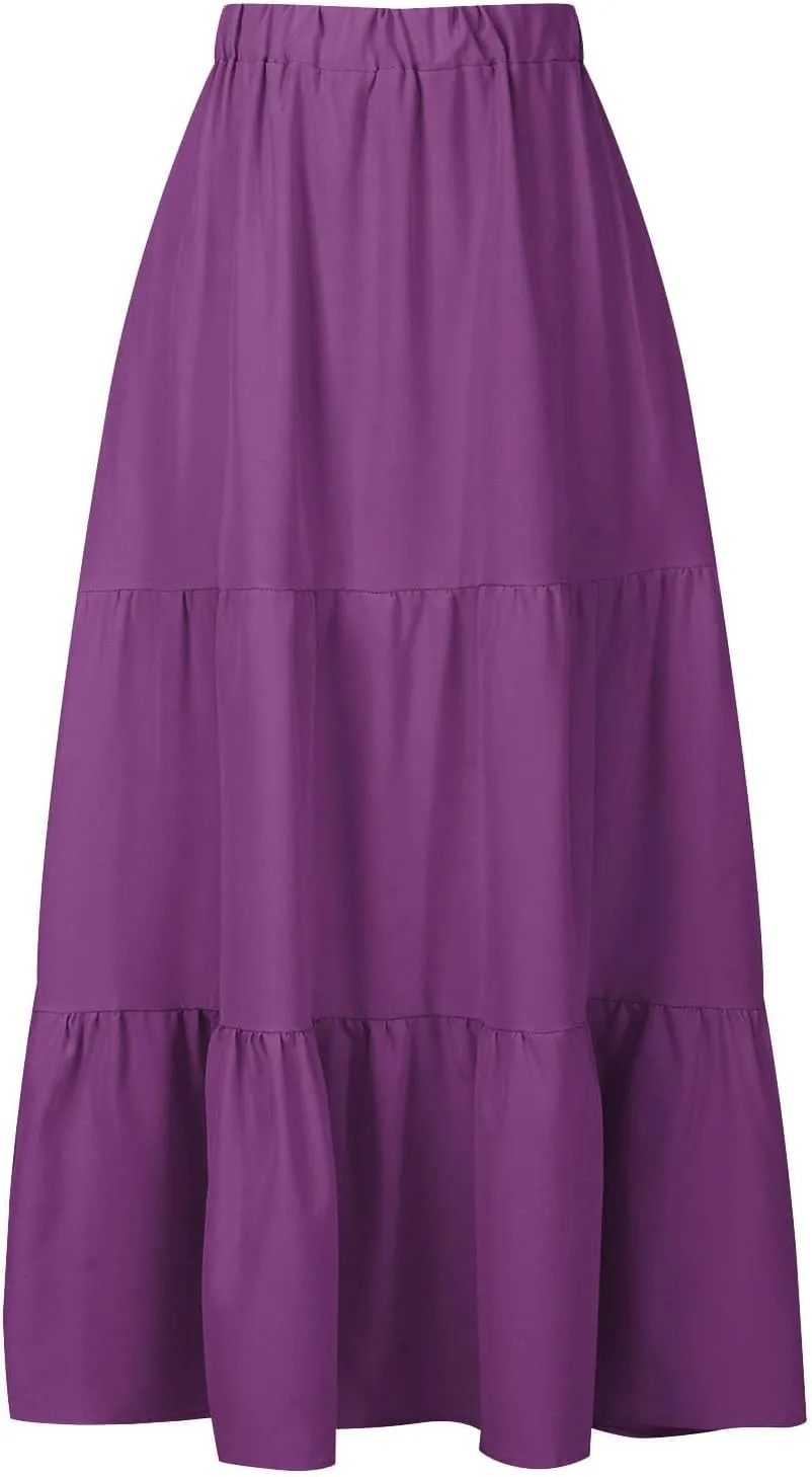 Summer Beach Maxi Skirts for Women Casual High Waisted Pleated Ruffle Swing Skirt Layered Tiered Vacation Dress