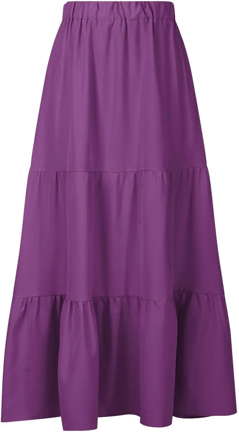 Summer Beach Maxi Skirts for Women Casual High Waisted Pleated Ruffle Swing Skirt Layered Tiered Vacation Dress