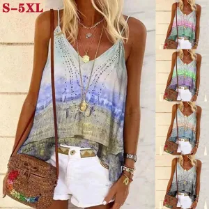 Summer Spaghetti Strap Tie Dye Loose T-shirts