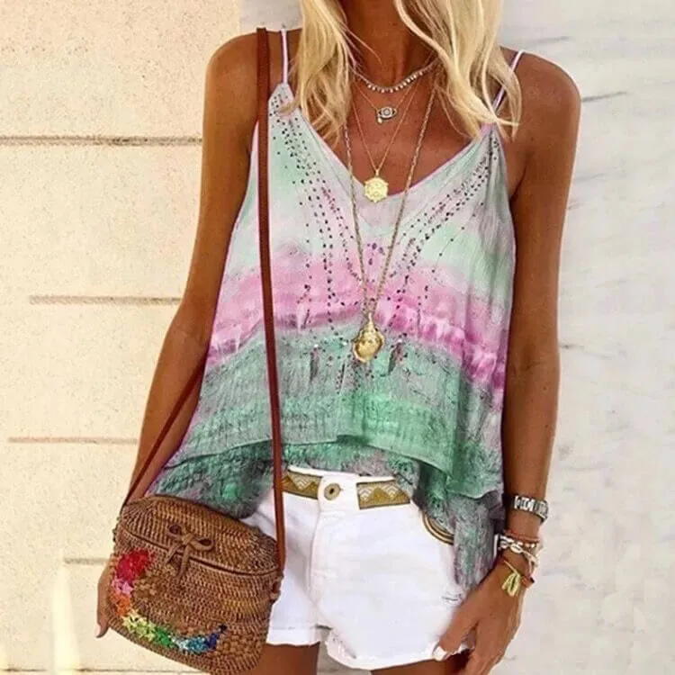 Summer Spaghetti Strap Tie Dye Loose T-shirts