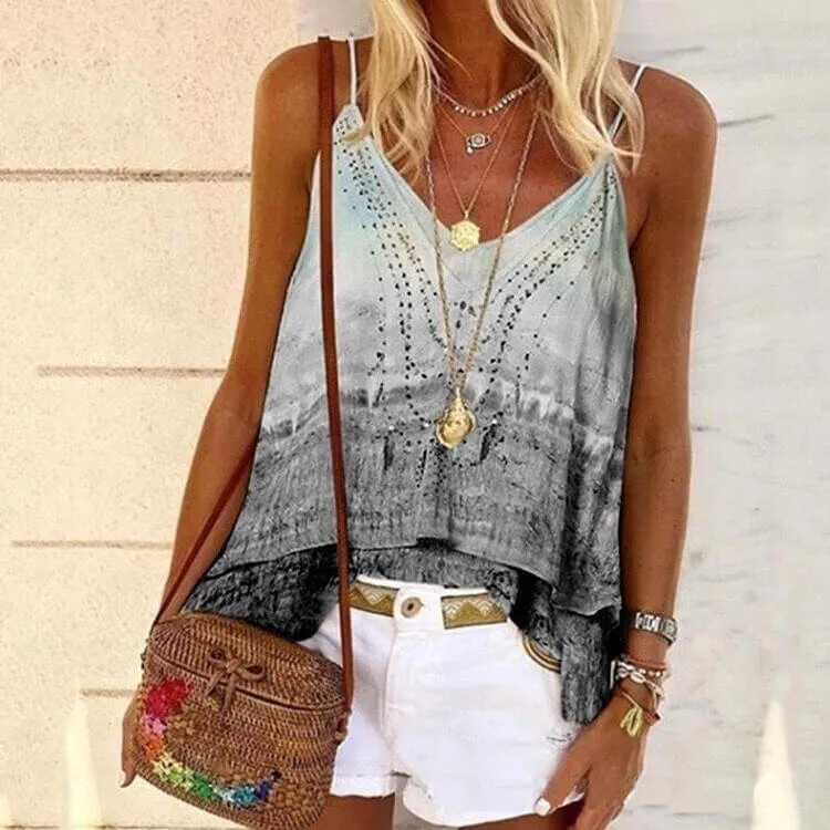 Summer Spaghetti Strap Tie Dye Loose T-shirts