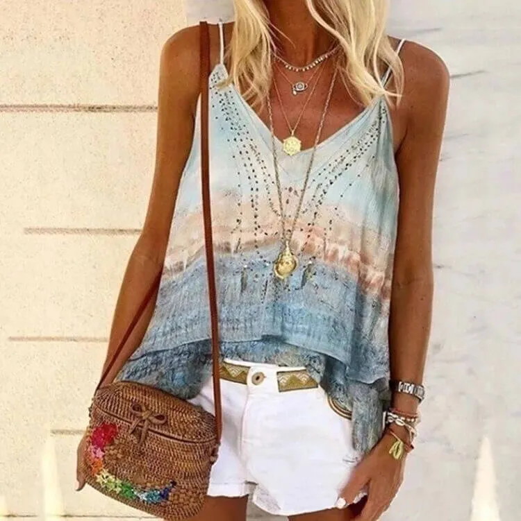 Summer Spaghetti Strap Tie Dye Loose T-shirts