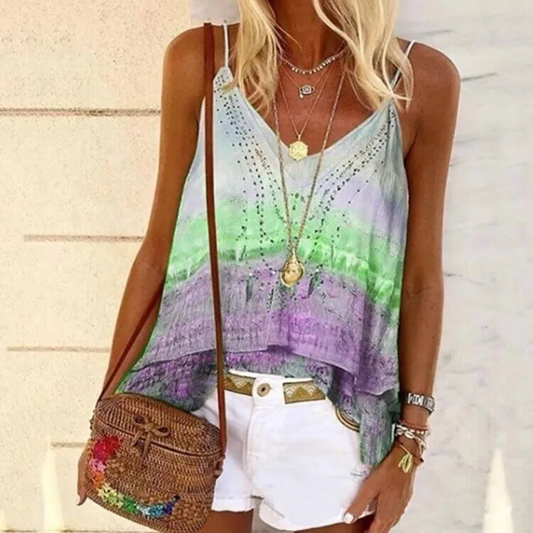 Summer Spaghetti Strap Tie Dye Loose T-shirts