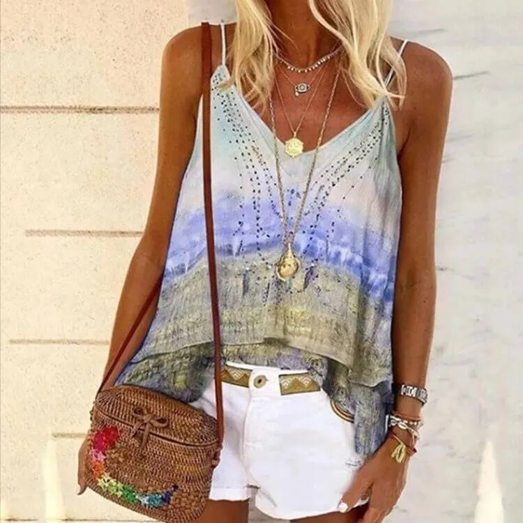 Summer Spaghetti Strap Tie Dye Loose T-shirts