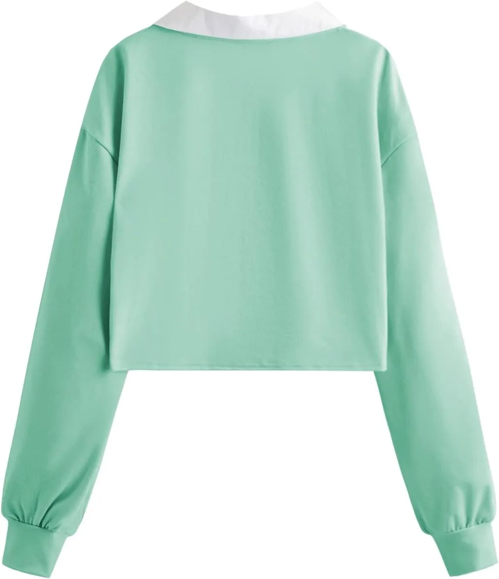 SweatyRocks Women's Casual Color Block Crop Tee Top Collar Long Sleeve Pullover Sweatshirt Tops