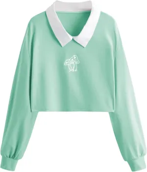 SweatyRocks Women's Casual Color Block Crop Tee Top Collar Long Sleeve Pullover Sweatshirt Tops