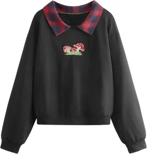 SweatyRocks Women's Casual Color Block Crop Tee Top Collar Long Sleeve Pullover Sweatshirt Tops