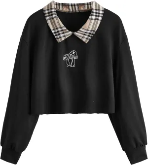 SweatyRocks Women's Casual Color Block Crop Tee Top Collar Long Sleeve Pullover Sweatshirt Tops