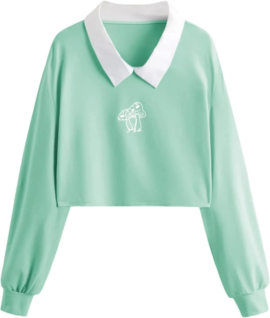 SweatyRocks Women's Casual Color Block Crop Tee Top Collar Long Sleeve Pullover Sweatshirt Tops