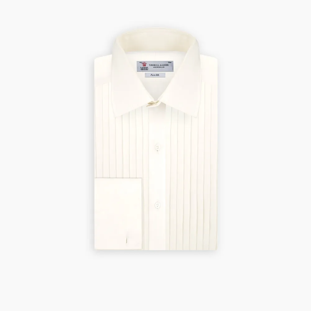 Tailored Fit Cream Pleated Front Silk Dress Shirt with T&A Collar and Double Cuffs