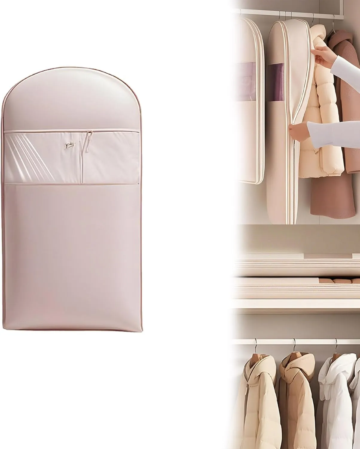 Taprinferior Hanging Garment Bag, 2025 Space Saving Hanging Garment Bag with Self Compression Zipper, Dust Cover Clothes Bags for Down Coat, Use with Hangers, for Closet Storage (Pink-M)