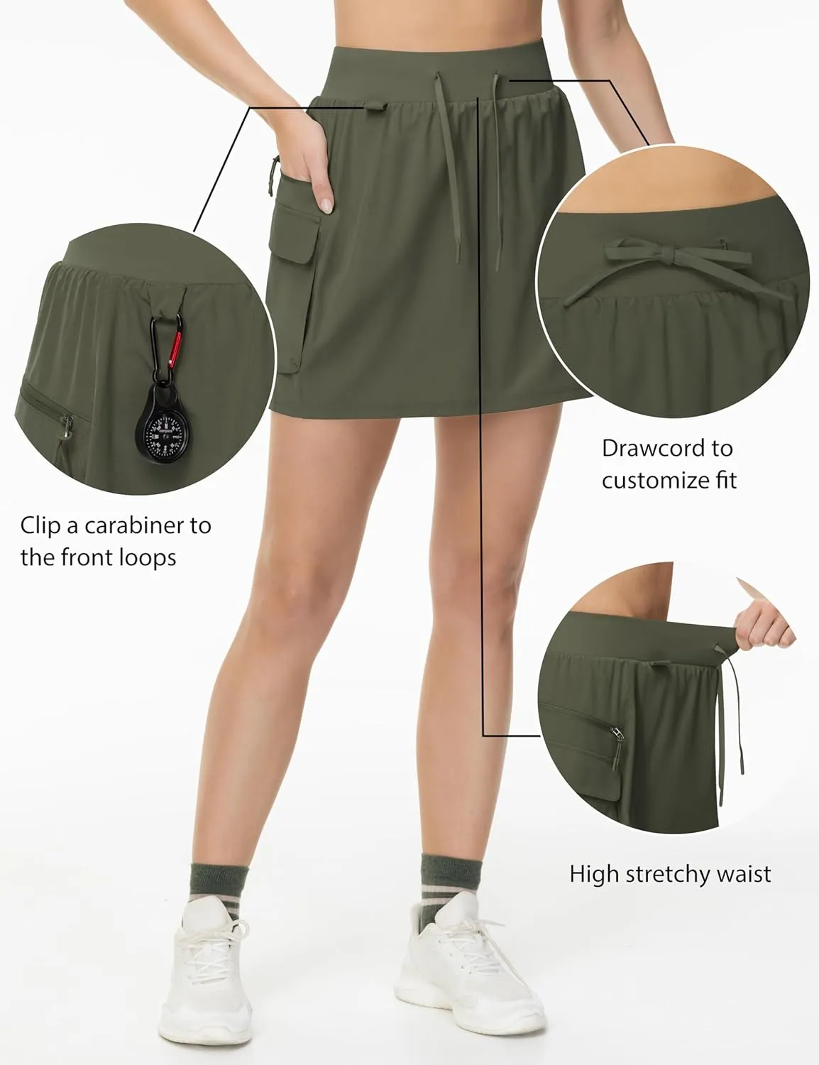 THE GYM PEOPLE Women's Quick Dry Hiking Cargo Skorts Lightweight Drawstring Athletic Golf Skirts Built-in Shorts with Pockets
