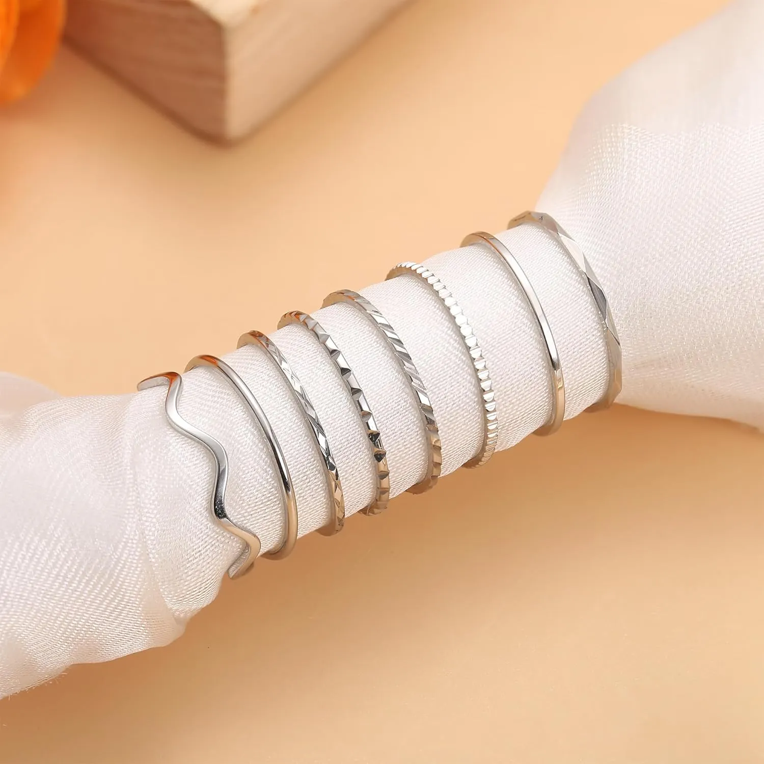 THUNARAZ 8Pcs 1mm Stainless Steel Rings for Women Men Fashion Plain Band Knuckle Stacking Midi Thumb Dainty Thin Rings Set Size 5-10 Silver Gold Tone