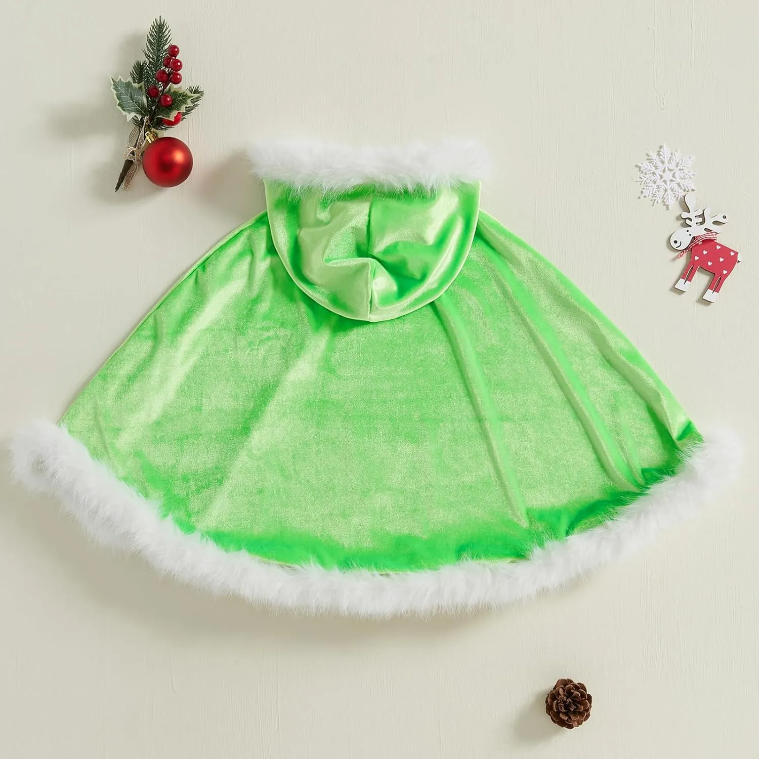 Toddler Girl Christmas Poncho Cape Green Velvet Hooded Cloak Coat with Fur Trim Little Kids Winter Outerwear Jacket