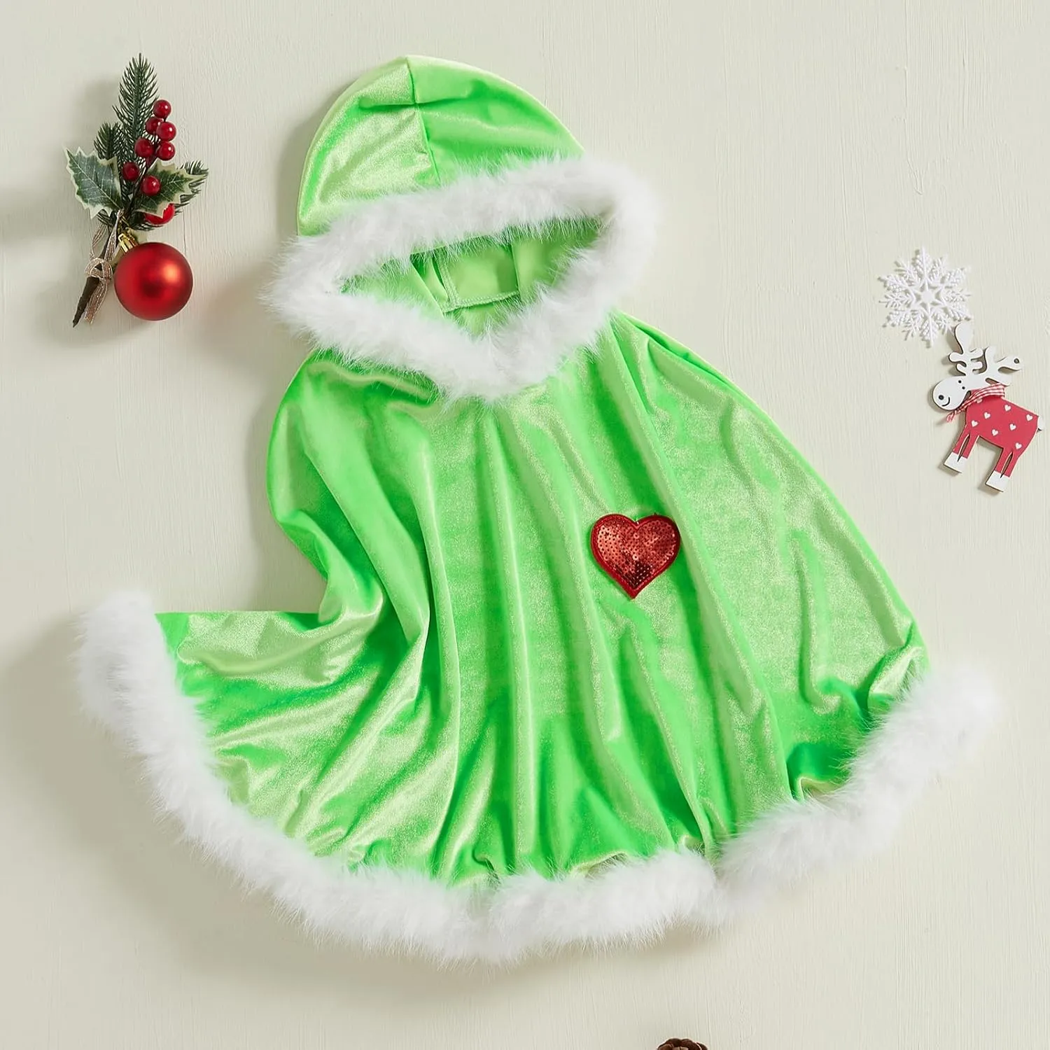 Toddler Girl Christmas Poncho Cape Green Velvet Hooded Cloak Coat with Fur Trim Little Kids Winter Outerwear Jacket