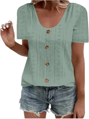 Tops for Women Trendy Short Sleeve Embroidery Hollow Elegant Shirts Casual Scoop Neck Cute Plain Womens Summer Tops