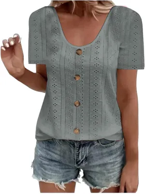 Tops for Women Trendy Short Sleeve Embroidery Hollow Elegant Shirts Casual Scoop Neck Cute Plain Womens Summer Tops