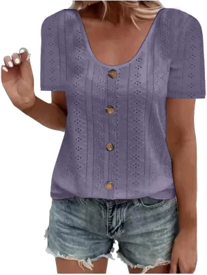 Tops for Women Trendy Short Sleeve Embroidery Hollow Elegant Shirts Casual Scoop Neck Cute Plain Womens Summer Tops