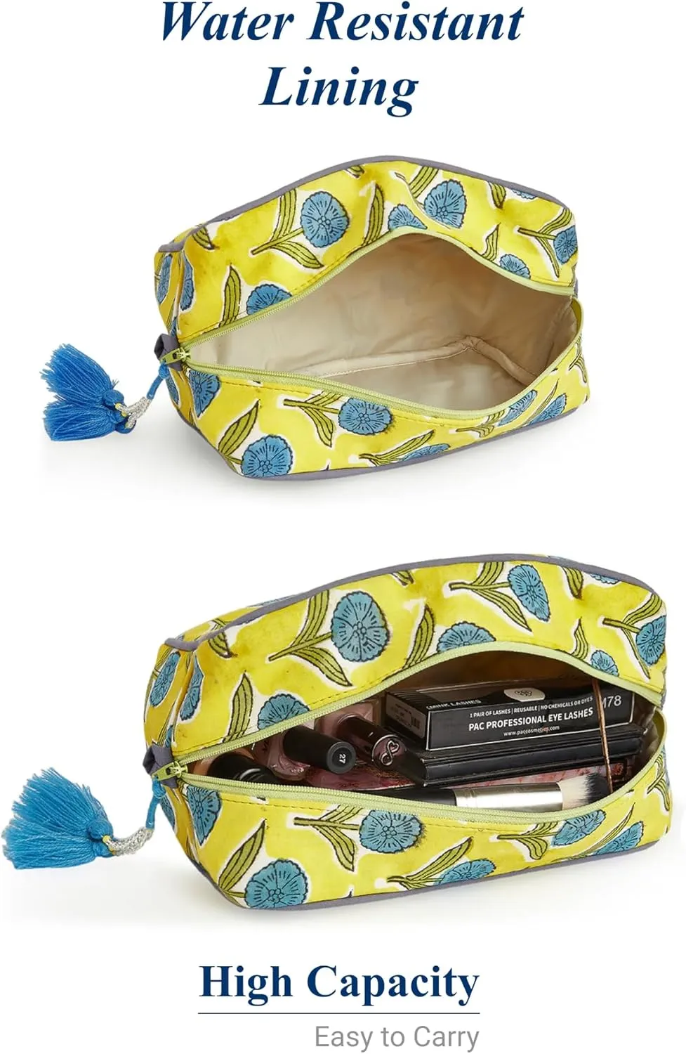 Travel Makeup Bag- Large Capacity Cosmetic Bags for Women - Water Resistance Lining Portable Pouch & Open Toiletry Bag - Perfect Girls Makeup Organizer for Travel Essentials (Blue & Yellow Floral)