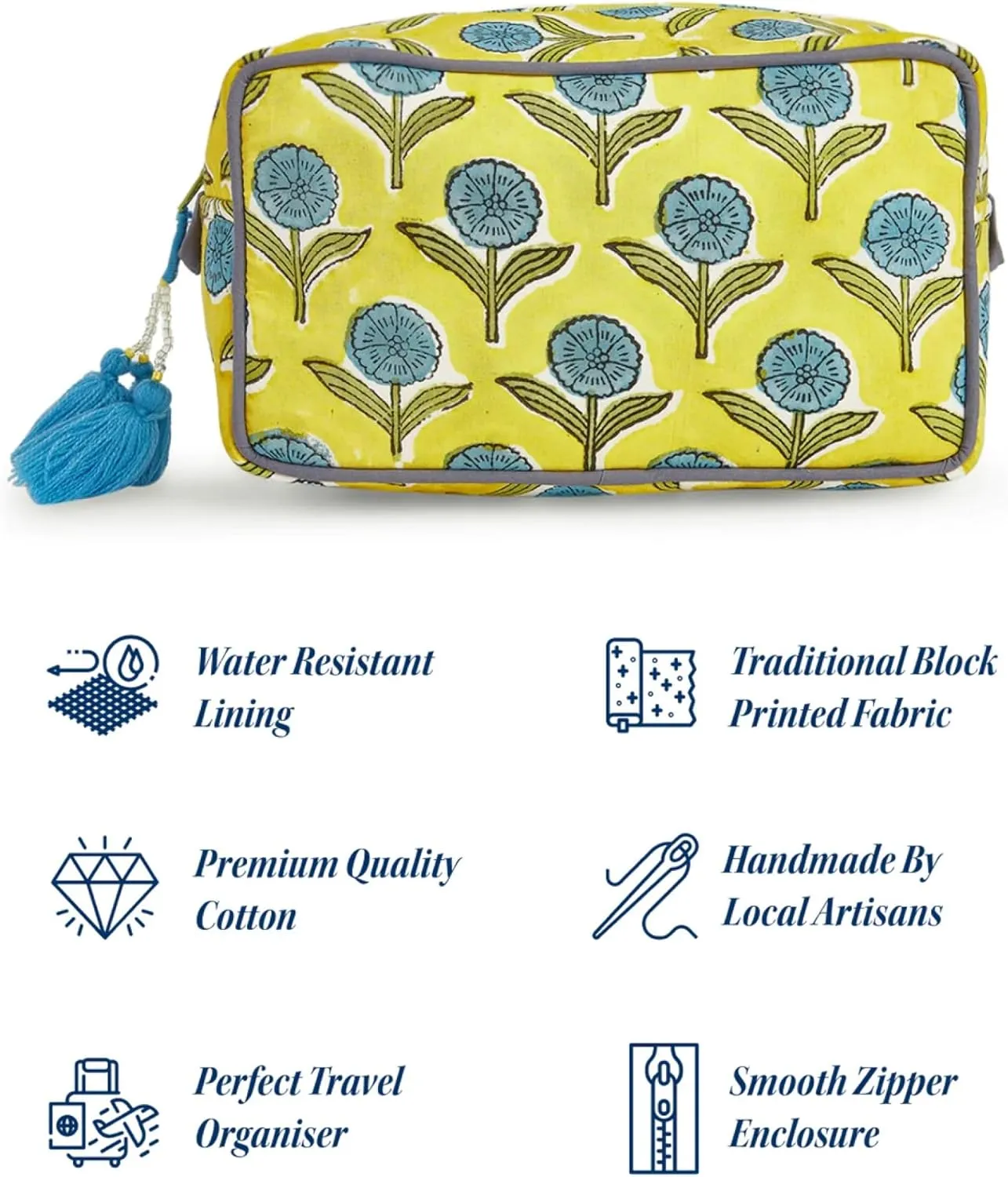 Travel Makeup Bag- Large Capacity Cosmetic Bags for Women - Water Resistance Lining Portable Pouch & Open Toiletry Bag - Perfect Girls Makeup Organizer for Travel Essentials (Blue & Yellow Floral)