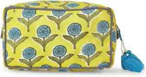 Travel Makeup Bag- Large Capacity Cosmetic Bags for Women - Water Resistance Lining Portable Pouch & Open Toiletry Bag - Perfect Girls Makeup Organizer for Travel Essentials (Blue & Yellow Floral)
