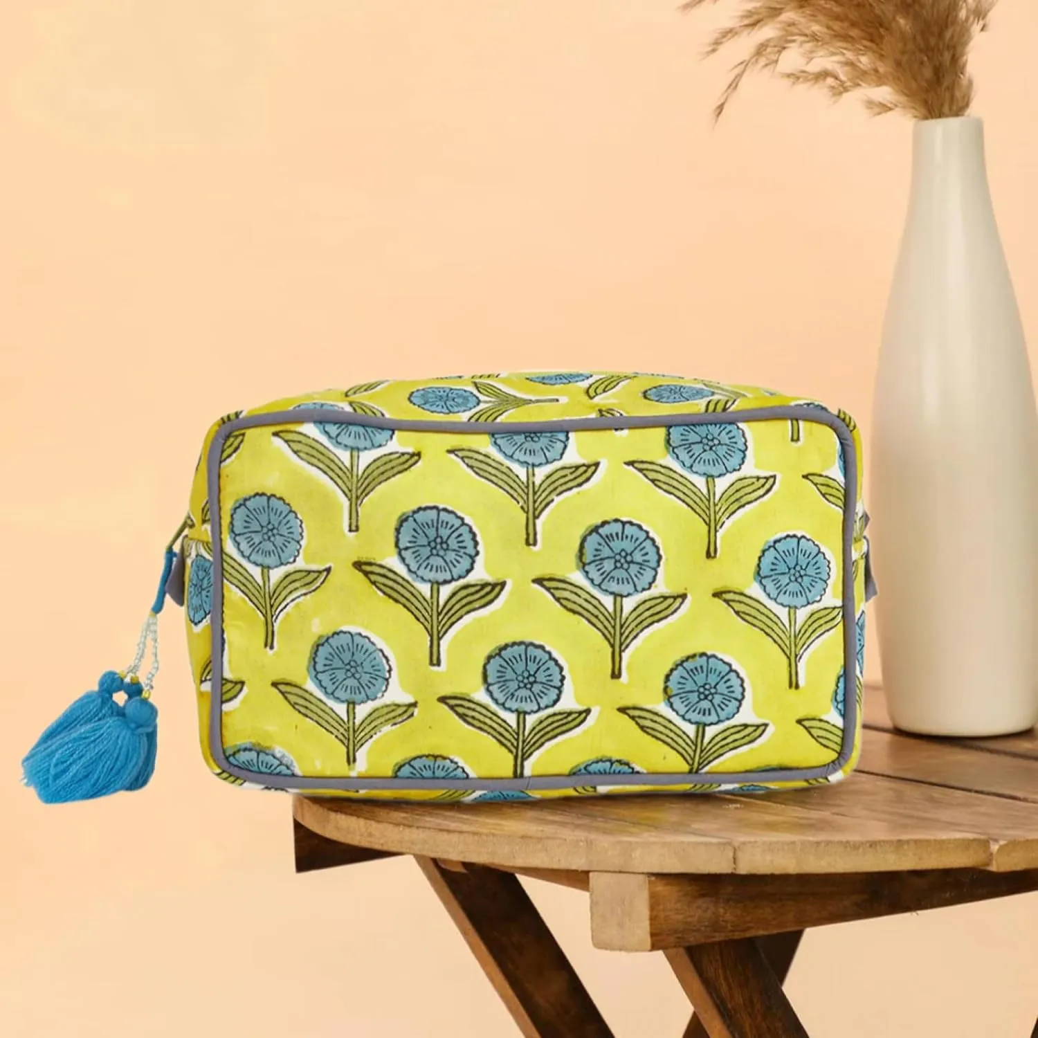 Travel Makeup Bag- Large Capacity Cosmetic Bags for Women - Water Resistance Lining Portable Pouch & Open Toiletry Bag - Perfect Girls Makeup Organizer for Travel Essentials (Blue & Yellow Floral)