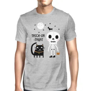 Trick-Or-Treat Skeleton Black Cat Mens Grey Shirt