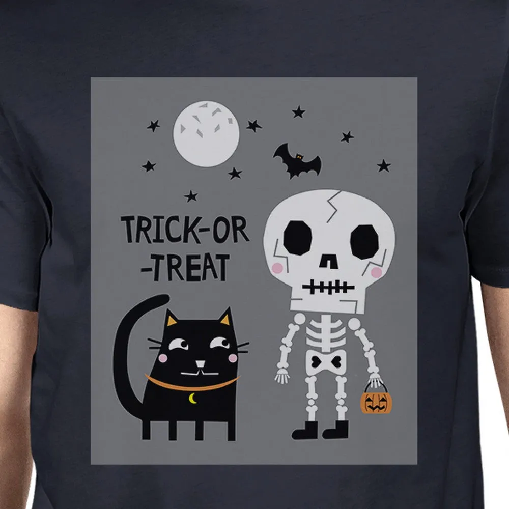 Trick-Or-Treat Skeleton Black Cat Mens Navy Shirt