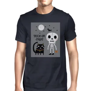 Trick-Or-Treat Skeleton Black Cat Mens Navy Shirt