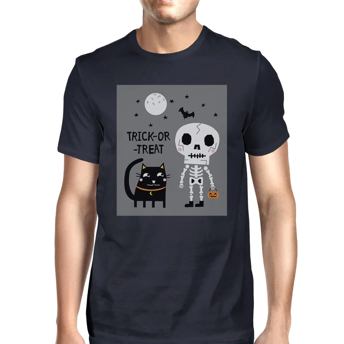 Trick-Or-Treat Skeleton Black Cat Mens Navy Shirt