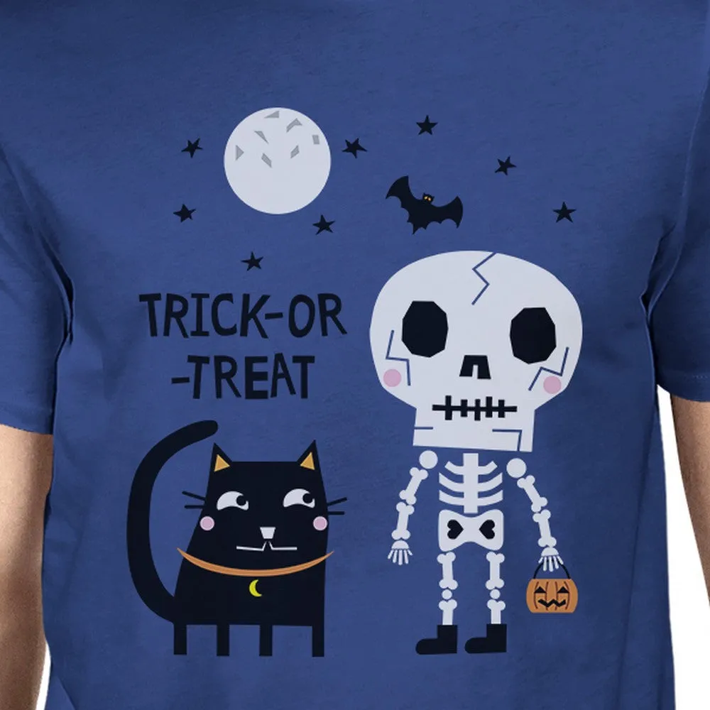 Trick-Or-Treat Skeleton Black Cat Mens Royal Blue Shirt
