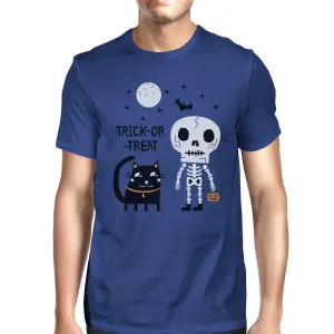 Trick-Or-Treat Skeleton Black Cat Mens Royal Blue Shirt