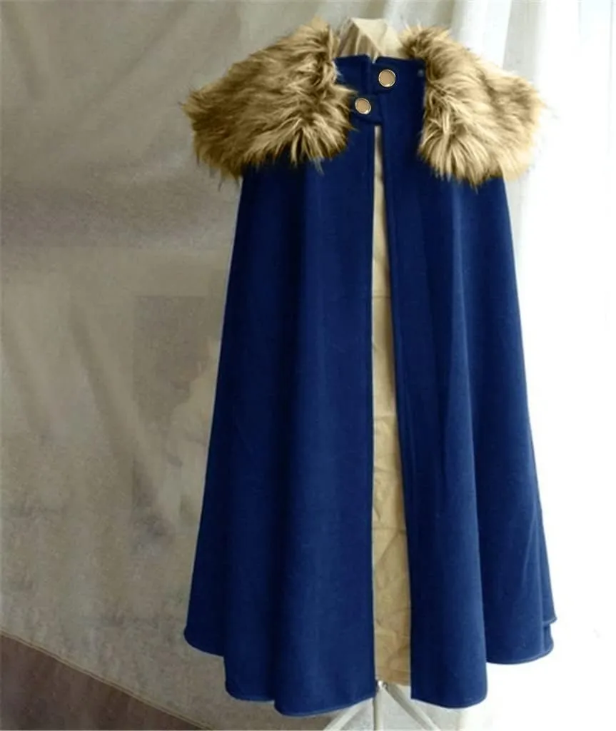 tuduoms Cloak Coat for Men Black Vintage Coat Winter Warm Gothic Wool Faux Fur Collar Long Cape Cloak Celtic Wool Cape Coat