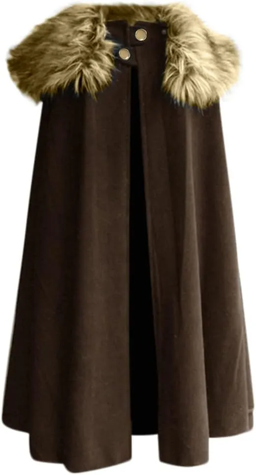 tuduoms Cloak Coat for Men Black Vintage Coat Winter Warm Gothic Wool Faux Fur Collar Long Cape Cloak Celtic Wool Cape Coat