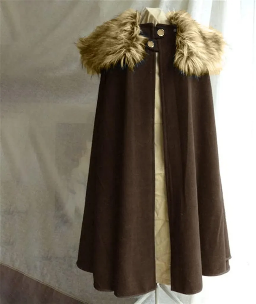 tuduoms Cloak Coat for Men Black Vintage Coat Winter Warm Gothic Wool Faux Fur Collar Long Cape Cloak Celtic Wool Cape Coat