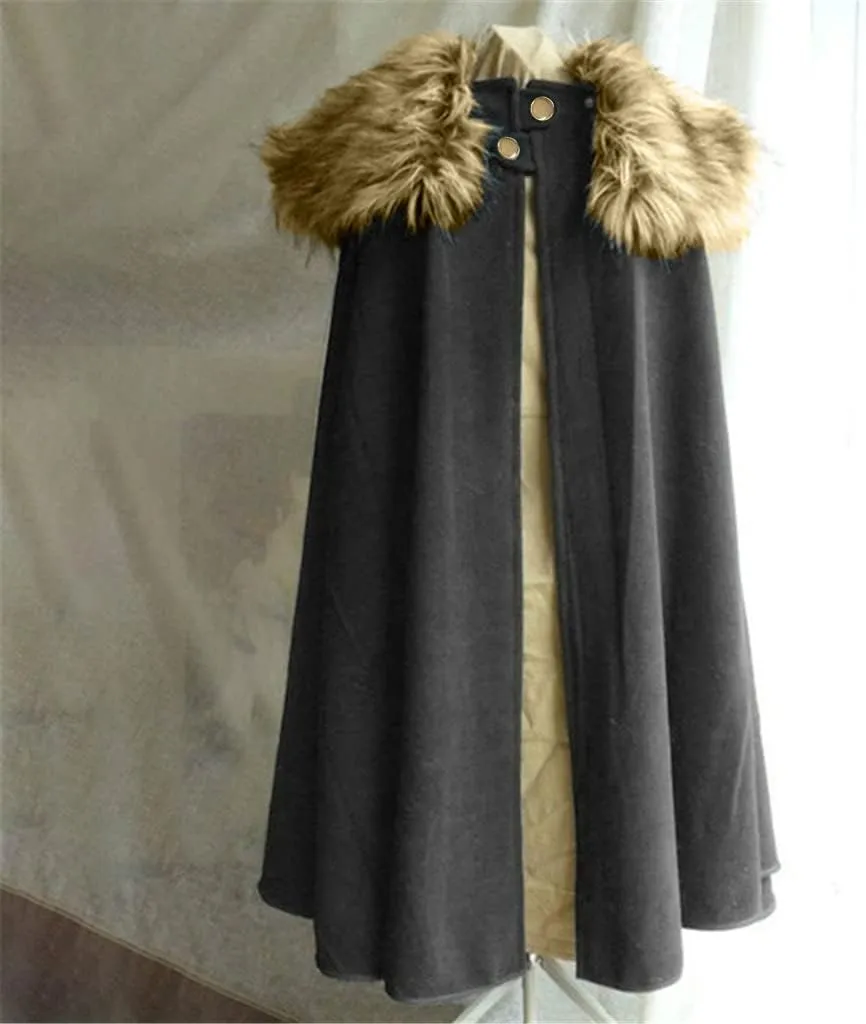 tuduoms Cloak Coat for Men Black Vintage Coat Winter Warm Gothic Wool Faux Fur Collar Long Cape Cloak Celtic Wool Cape Coat