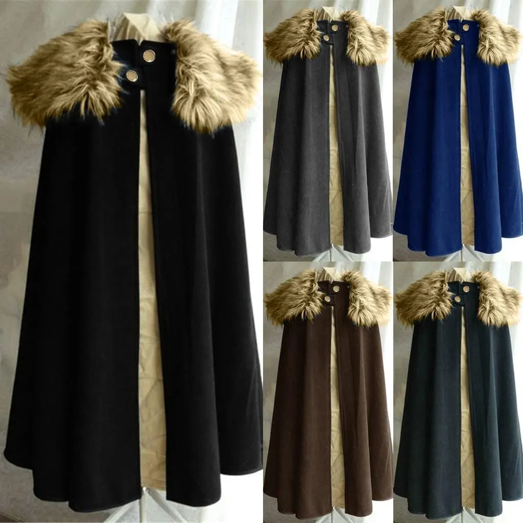 tuduoms Cloak Coat for Men Black Vintage Coat Winter Warm Gothic Wool Faux Fur Collar Long Cape Cloak Celtic Wool Cape Coat