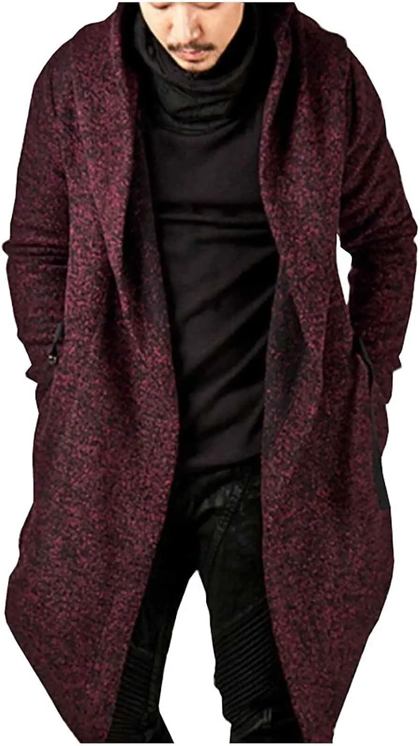 tuduoms Mens Casual Long Hooded Cardigan Goth Cape Cloak Long Sleeve Draped Lightweight Open Front Sweater Trench Coat Jacket