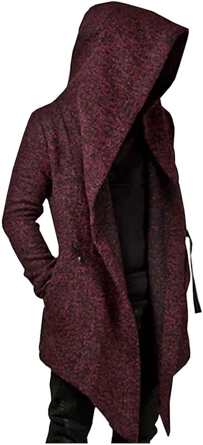 tuduoms Mens Casual Long Hooded Cardigan Goth Cape Cloak Long Sleeve Draped Lightweight Open Front Sweater Trench Coat Jacket
