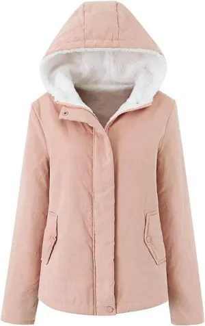 Uillui Fleece Lined Cotton Coat for Women Padded Thicken Plush Bread Jacket Hooded Long Sleeved Zipper Button Sherpa Outcoat