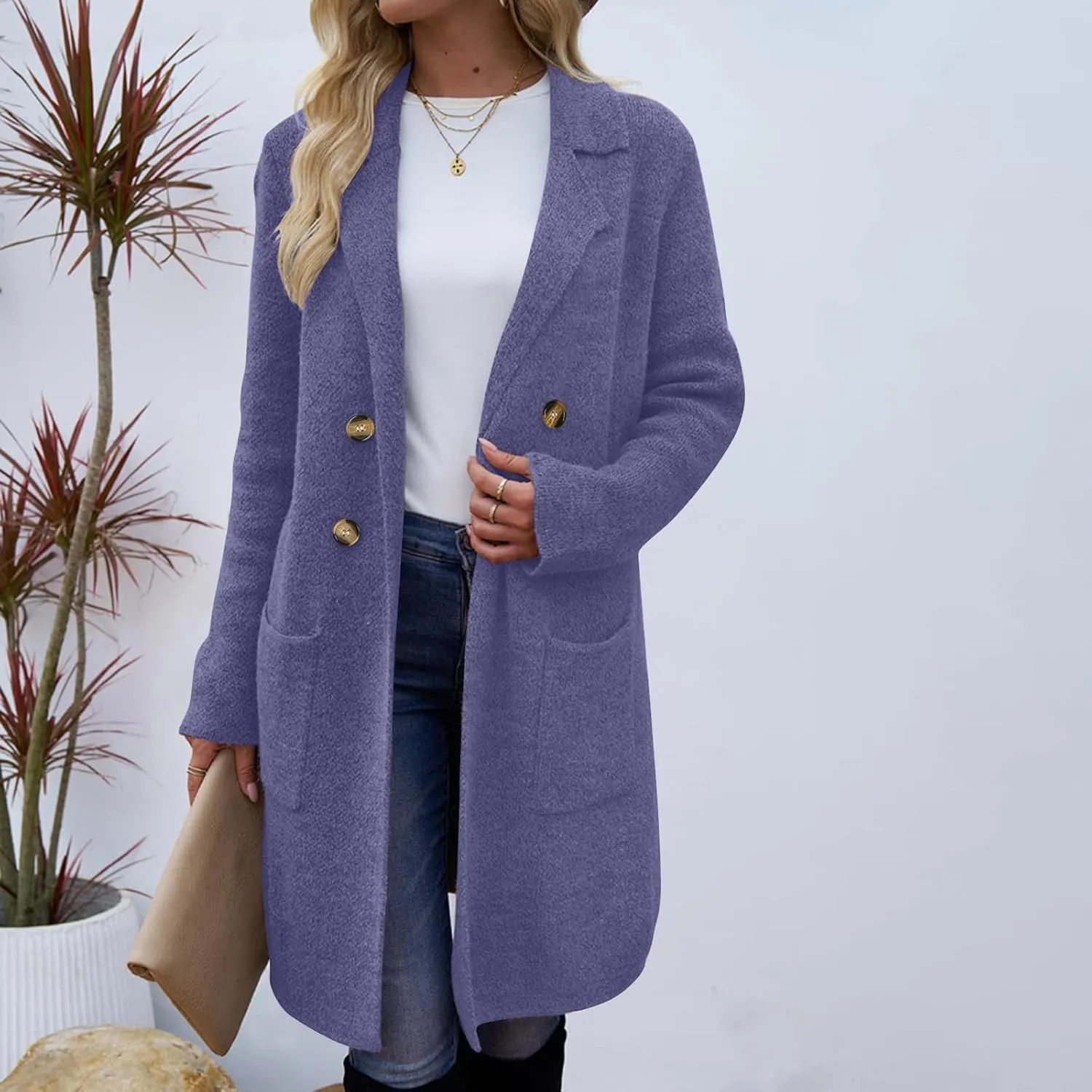 Uillui Womens Classic Thicken Pea Coat Casual Elegant Overcoat Single Breasted Winter Coat Wool Dress Coat Long Trench Coats