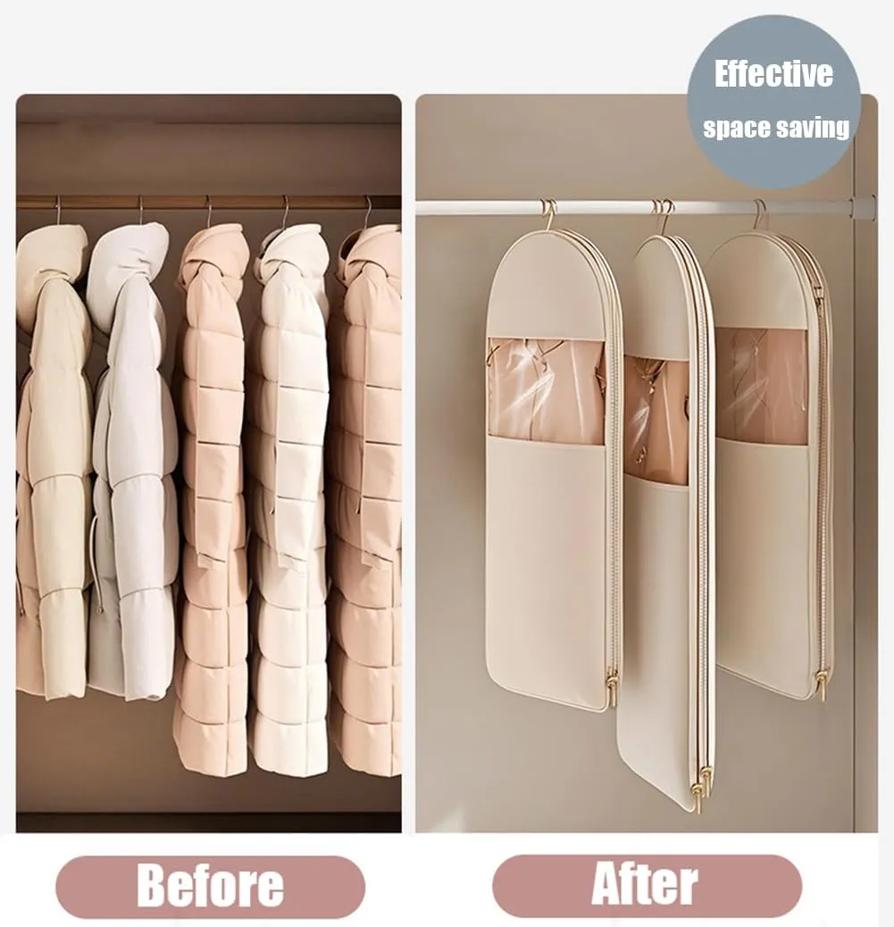 Ultra Space Saving Hanging Garment Bag with Self Compression Zipper, Garment Bags for Travel, Space Saver Closet Organizers, Dust Cover Hanging Clothes Bag for Puffer Jacket (Beige, L(110*58*15cm))