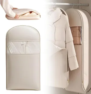 Ultra Space Saving Hanging Garment Bag with Self Compression Zipper, Garment Bags for Travel, Space Saver Closet Organizers, Dust Cover Hanging Clothes Bag for Puffer Jacket (Beige, L(110*58*15cm))
