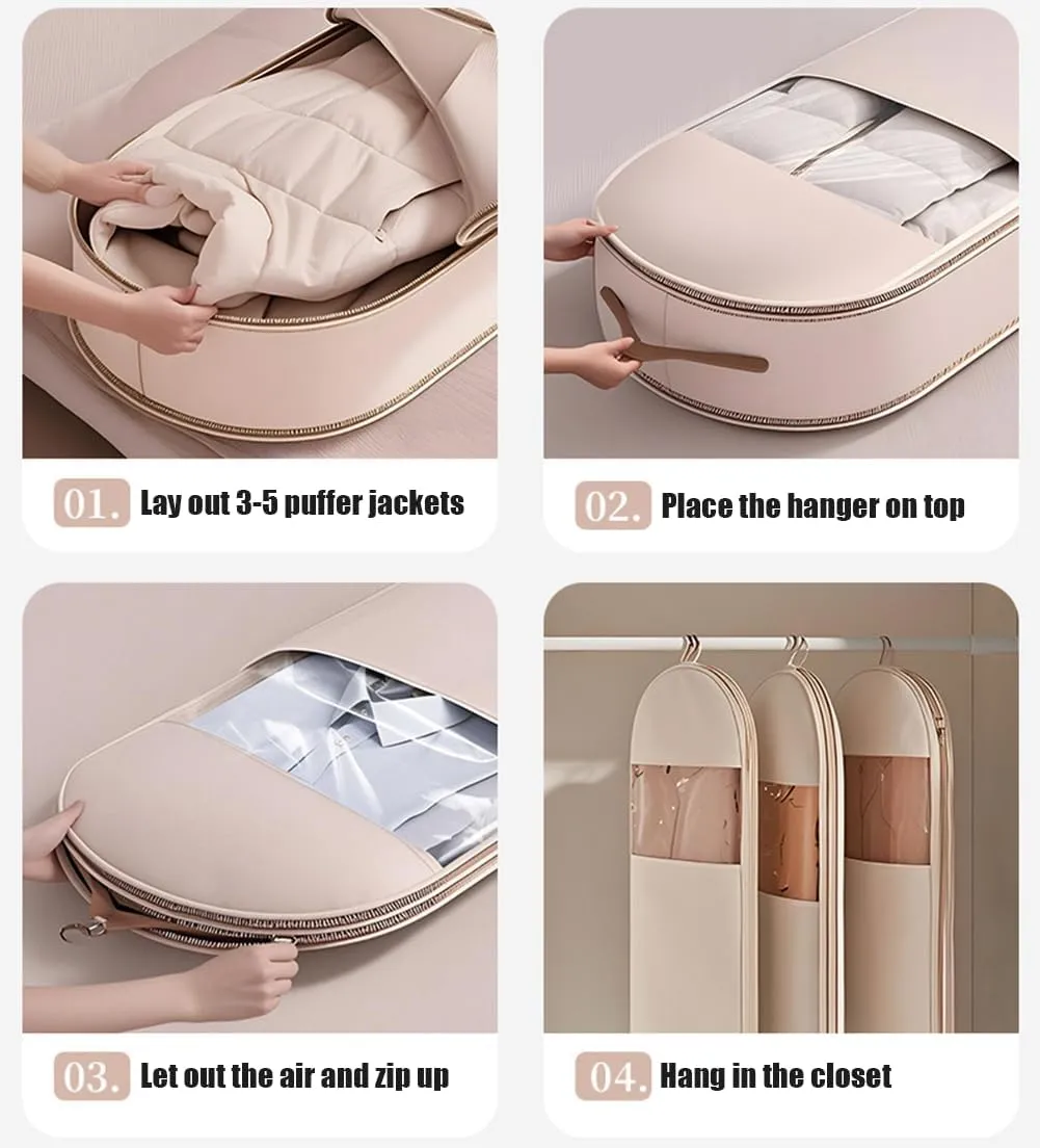 Ultra Space Saving Hanging Garment Bag with Self Compression Zipper, Garment Bags for Travel, Space Saver Closet Organizers, Dust Cover Hanging Clothes Bag for Puffer Jacket (Beige, L(110*58*15cm))