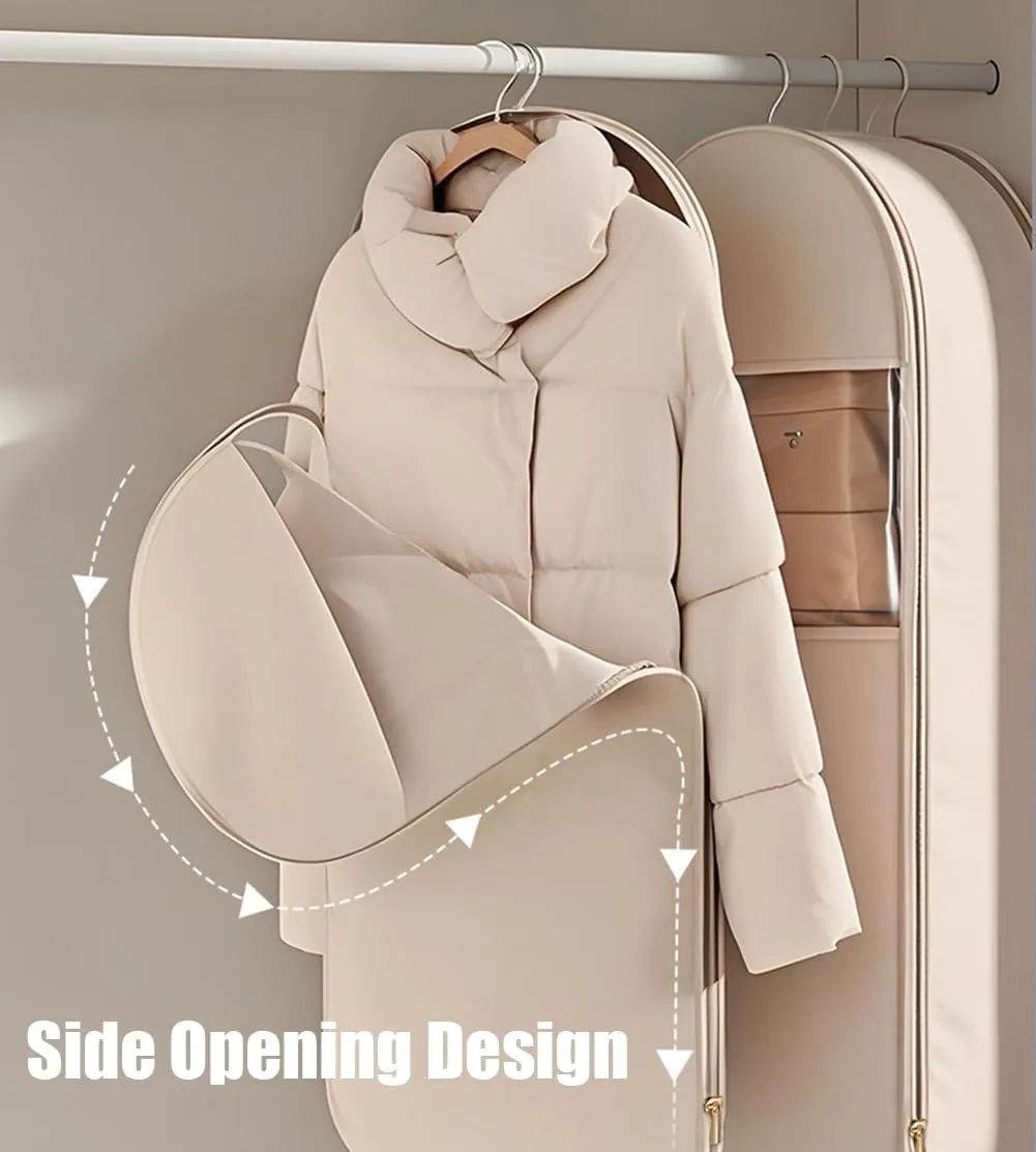 Ultra Space Saving Hanging Garment Bag with Self Compression Zipper, Garment Bags for Travel, Space Saver Closet Organizers, Dust Cover Hanging Clothes Bag for Puffer Jacket (Beige, L(110*58*15cm))