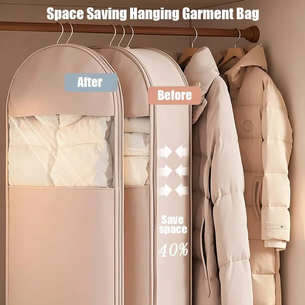 Ultra Space Saving Hanging Garment Bag with Self Compression Zipper, Garment Bags for Travel, Space Saver Closet Organizers, Dust Cover Hanging Clothes Bag for Puffer Jacket (Beige, L(110*58*15cm))