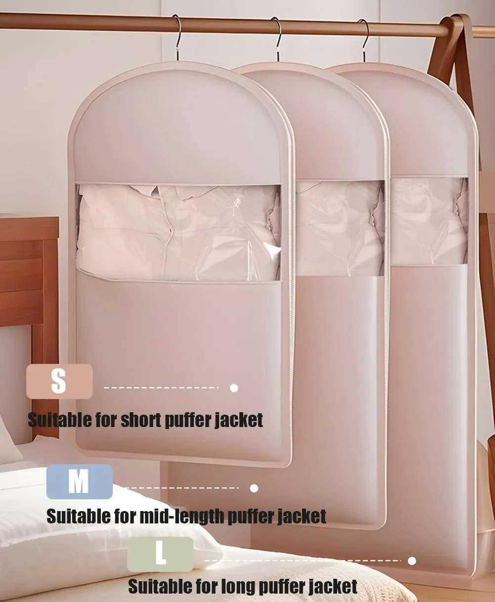 Ultra Space Saving Hanging Garment Bag with Self Compression Zipper, Garment Bags for Travel, Space Saver Closet Organizers, Dust Cover Hanging Clothes Bag for Puffer Jacket (Beige, L(110*58*15cm))