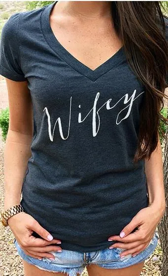V-neck Short Sleeves Slim Letter Print T-shirt