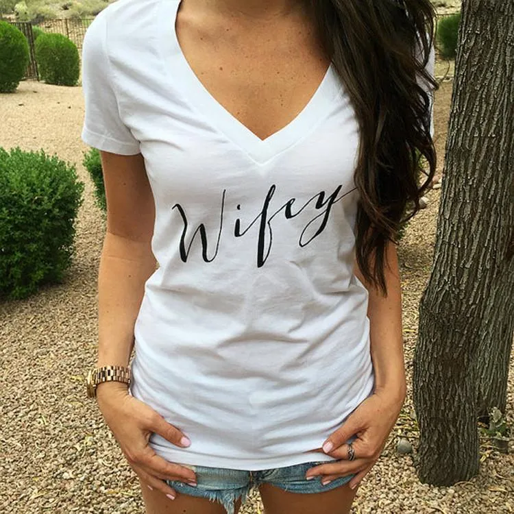 V-neck Short Sleeves Slim Letter Print T-shirt
