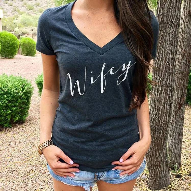V-neck Short Sleeves Slim Letter Print T-shirt